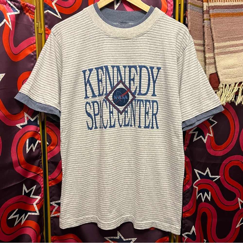 Vintage NASA Kennedy Space Center Striped T-Shirt Sun Triangle Rare USA 80s